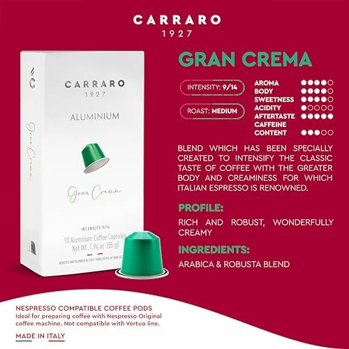CARRARO 1927 Gran Crema Coffee Capsules - 50 Aluminum Coffee Pods Compatible with Nespresso Original line, Medium Roast - Intensity 9/14, Made in Italy
