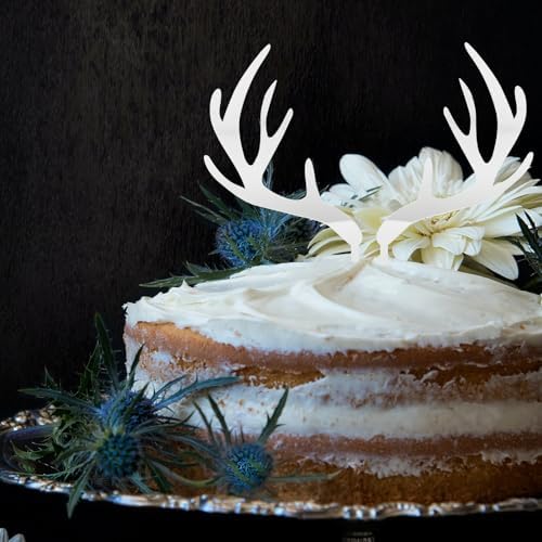 Christmas 5pcs Antlers Happy Birthday Cake Topper Reindeer Antler Acrylic Cake Topper for Xmas Birthday Wedding Party Supplies Sliver Christmas Antlers