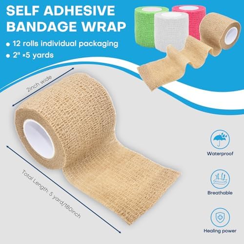 Self Adhesive Bandage Wrap 2 Inch x 5 Yards, 6 Pack Skin Color Cohesive Adherent Athletic Tape for Medical First Aid, Injury Support & Sports Supplies