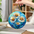 White Daisies with Blue Background 8x8 inch Stained Glass Window Hanging，Shatterproof Acrylic Suncatcher, Round Acrylic Wall Decoration for Home, Ideal Gift for Flower & Nature Lovers