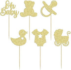 Gyufise 36Pcs Oh Baby Cupcake Toppers Glitter Bear Pacifier Baby Carriage Cupcake Picks Gender Reveal Cake Decorations for Kids Birthday Party Supplies Gold