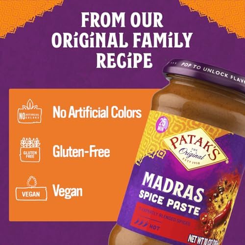 Patak's Madras Spice Paste, Hot Indian Curry with 11 Expertly Blended Spices, No Artificial Colors, Gluten-Free & Vegan, Bold Base for Home Cooking & More, 10 oz Jar, 3-Pack