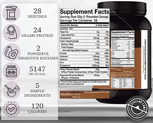 Stellar Labs Whey Protein Powder with BCAA's & Whey Isolate | Certified Low FODMAP, Non GMO, Gluten Free, Low Carb, Keto, with Stevia | All Natural Lean Post Workout Shakes | Chocolate