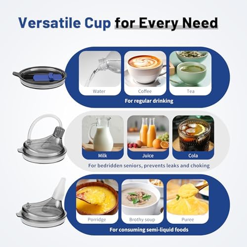 Adult Sippy Cup, 14oz Spill Proof Cup with Straw for Elderly, 3 in 1 Stainless Steel Sippy Cup with 2 Lids, No Spill Feeding Cups for Patient Disabled Maternity Drink Water Milk Soup - Blue