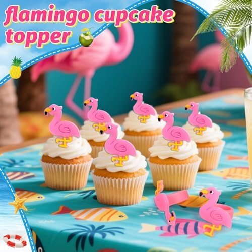 24 PCS Flamingo Cupcake Toppers Cupcake Rings Birthday Cupcake Toppers Tropical Flamingo Theme Cupcake Picks for Baby Shower Hawaiian Luau Aloha Summer Party