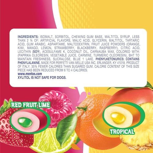 Mentos Sugar-Free Chewing Gum, Tropical, Red Fruit and Lime, 50 Piece Bottle (Pack of 4 Bottles)