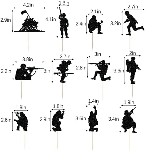 Military Themed Soldier Cake Toppers - 12 Pieces Paper Cups Black Glitter Soldier's Day, Veterans, Men's Birthday, Navy Army Special Forces Decorations