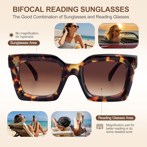 Bifocal Reading Sunglasses for Women Spring Hinge Outdoor Readers Glasses UV400 Protection, Amber Tortoise, 2.0