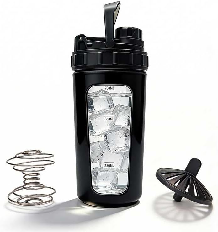 26oz Glass Protein Shaker Bottle with Non-Slip Sleeve, Borosilicate Glass Shaker Cup for Protein Shakes, Smoothies, Iced Coffee, Leak-Proof & BPA-Free Mixer Bottle for Gym, Workout, Sports