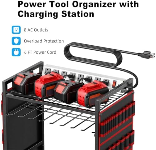 JUNNUJ Large Power Tool Organizer Cart with Charging Station, Garage Floor Standing Rolling Drill and Tools Battery Storage Cart on Wheels, Heavy Duty Utility Rack Shelf with 8 Outlet Power Strip, Red