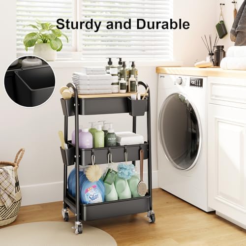 6 Pack Rolling Cart Accessories, Black Plastic Hanging Cup Holder for Utility Storage Carts Organizer, Rolling Carts Accessories with 6 Cup Holders and 6 Hooks for Art, Craft, Makeup