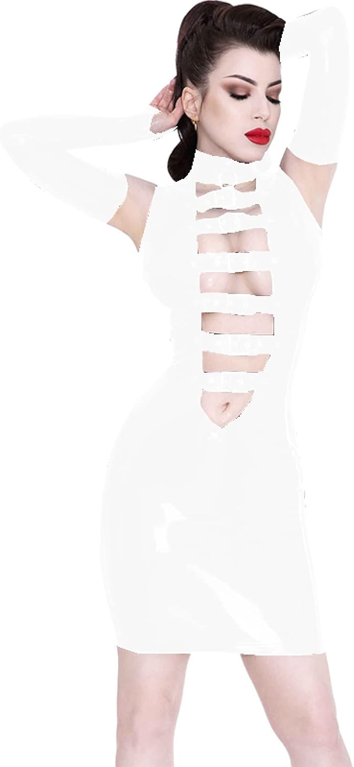 Plus Size 7XL Mini Dress with Fingerless Gloves Women PVC Sleeveless Belts Front Novelty Dancing Club Dress,White,7XL