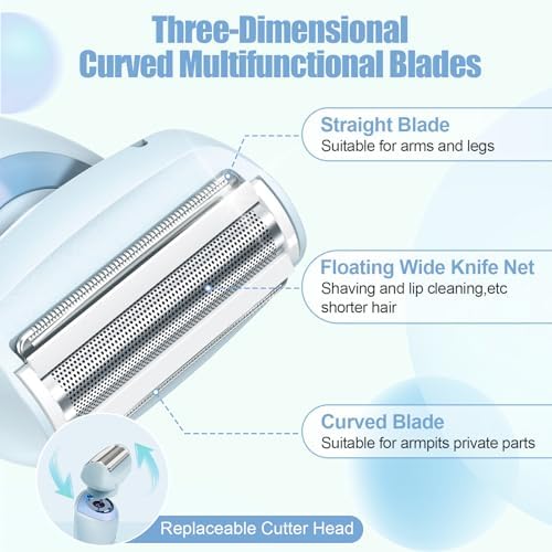 Electric Shaver for Women, 2 in 1 Waterproof Electric Razor, Silk Glide Pro Shaver, Rechargeable Cordless Hair Removal with 2 Removable Heads for Bikini, Leg, Arm, Underarm, Body (Blue)