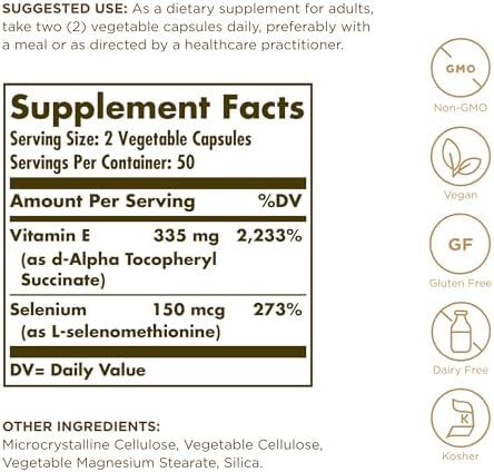 Solgar Dry Vitamin E with Yeast-Free Selenium - 100 Vegetable Capsules - Advanced Antioxidant Support - Non-GMO, Vegan, Gluten Free, Dairy Free, Kosher - 50 Servings