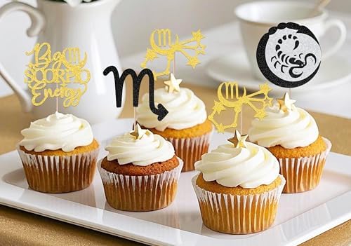 24Pcs Big Scorpio Energy Cupcake Toppers - Scorpio Season Birthday Decorations - October/November Horoscope Scorpio Birthday Pary Decorations Black Gold & Silver