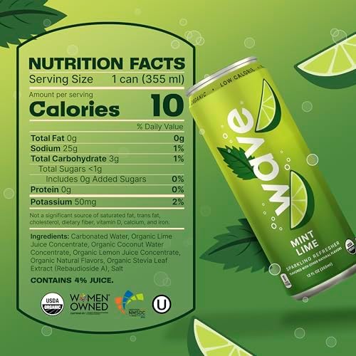 WAVE Organic Sparkling Drink | Low Calorie Drink, Mint Lime Lightly Carbonated | Great Natural Soda Alternative | USA Made Kosher No Added Sugar, Color, & Artificial Ingredients |12 Pack