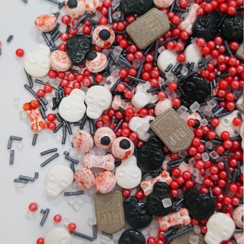 Spooky Halloween Sprinkles - 130g Edible Bloody Eyes, Bones, Tombstones, Skulls & Black/Red Sprinkles for Scary Treats, Cupcakes, Cookies, Graveyard Cake Decorations DIY Party Supplies