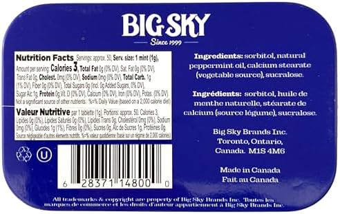 Big Sky Sugar Free Peppermint Mints - 50 Count Tin (Pack of 6) | Kosher Certified, Vegan Peppermint Candy | Aspartame & Gluten Free | Natural Breath Mints for Travel & Sharing, Long Lasting Freshness