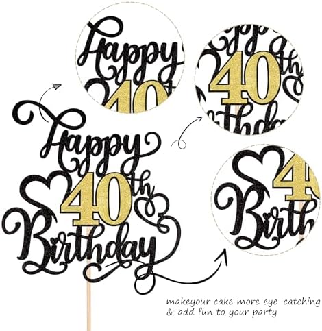 Rsstarxi 1 Pack Happy 40th Birthday Cake Topper Black Gold Glitter 40 Fabulous Cake Pick Cheers to 40 Years Sign Birthday Cake Decoration for Happy 40th Birthday Anniversary Party Decorations