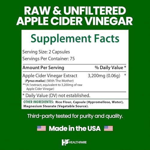 HealthFare Apple Cider Vinegar Capsules with the Mother | 3200mg Raw, Organic & Unfiltered ACV | 150 Vegan Pills | Maximum Strength Supplement for Detox & Digestion | Non-GMO, Gluten-Free, Made in USA