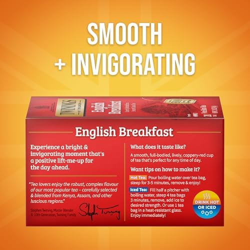 Twinings English Breakfast Black Tea Individually Wrapped Bags, 20 Count (Pack of 1), Flavourful, Robust, Caffeinated, Enjoy Hot or Iced, 20 Teabags