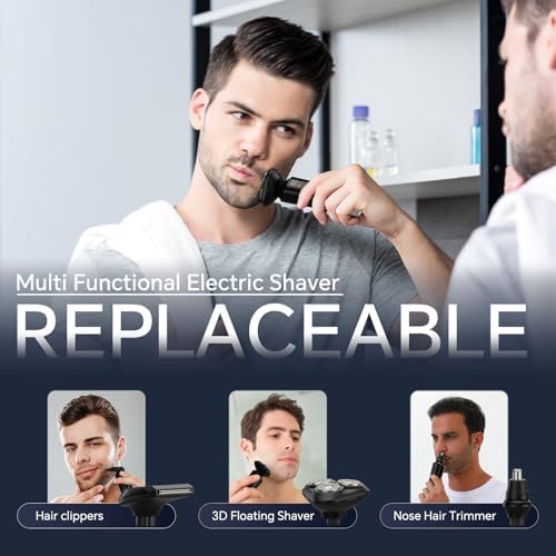 RUIBO Electric Razor for Men, Rechargeable Electric Shaver for Men, Waterproof 3D Rotary Shaving, Wet/Dry Cordless 3-in-1 with Beard Trimmer, Sideburn & Nose Hair Groomer