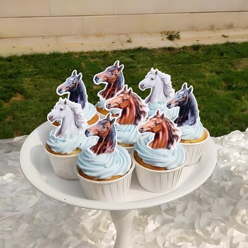 Ercadio 40Pcs Edible Printed Horse Cupcake Topper Edible Horse's Head Cupcake Picks for Horse Racing Derby Party Western Cowboy Theme Baby Shower Horse Lover Birthday Cake Decoration