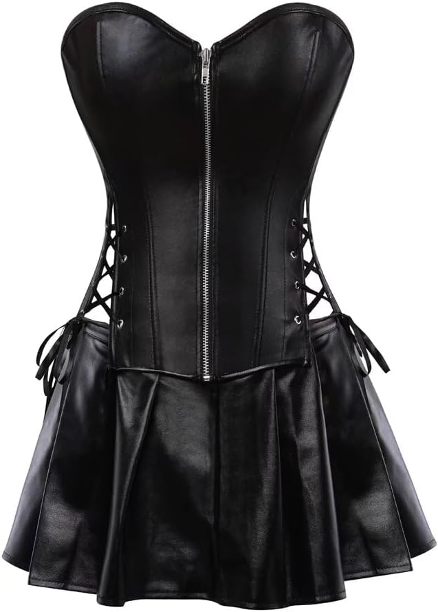 Jutrisujo Leather Corset Dress Skirt Zipzer Women's Sexy Punk Rock Gothic Bustier Lingerie Renaissance Pirate Green