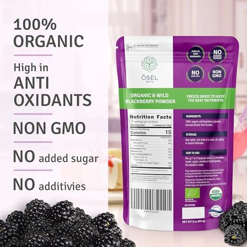 ÖSEL BERRY Organic Blackberry Powder 3oz USDA Certified - No Sugar Added Freeze Dried Blackberries Organic Ideal for Smoothies Breakfast & Baking, No Fillers or Additives