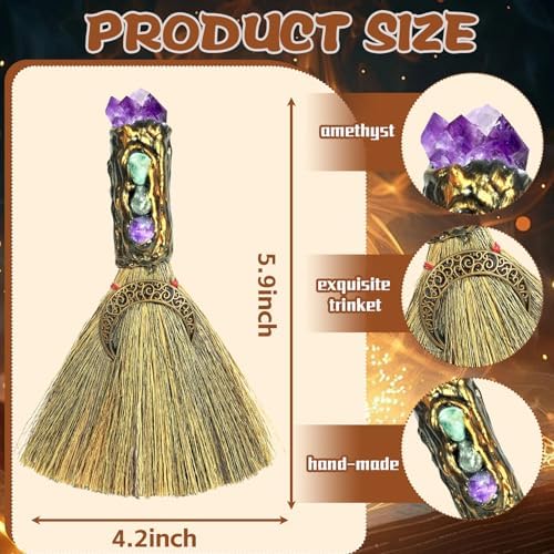 Rileryan Crystal Witch Broom Witchcraft Supplies Wiccan Stuff Broom with Healing Crystals Energy Cleaning Halloween Home Decor Gift