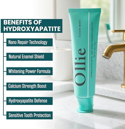 Ollie Fluoride Free 10% Nano Hydroxyapatite Toothpaste for Remineralizing Enamel, Sensitive Teeth & Whitening, Clean Mint 4oz (Pack of 1)
