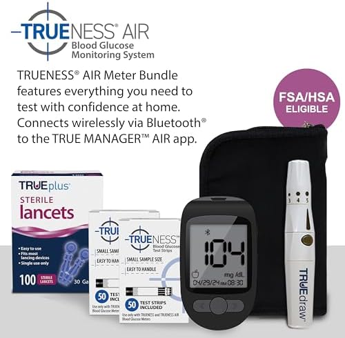 TRUENESS AIR Blood Glucose Meter Bundle - Blood Glucose Monitor, Case, 100 Test Strips, 100 Lancets, Lancing Device - Fast, Easy Testing Supplies for Home Use