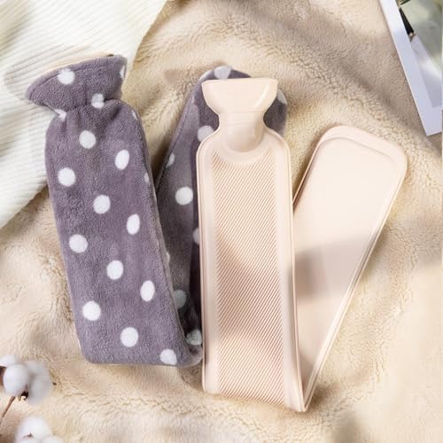 HomeTop Premium 2.25 Liters Rubber Hot Water Bottle w/Soft Gray Polka Dot Fleece Cover (Light Gray)