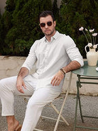 Mens Summer Casual Long Sleeve Cotton Linen Shirts Button Up Solid Plain Roll-Up Sleeve Beach T Shirts