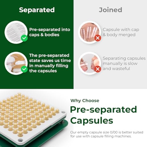 Empty Capsules Size 00 Separated Vegan Pill Caps Plant Based Clear (200 Caps+200 Bodies) Gluten Free, Non-GMO, Halal Certified Filling Kit for Vegetarian DIY Your Own Supplements