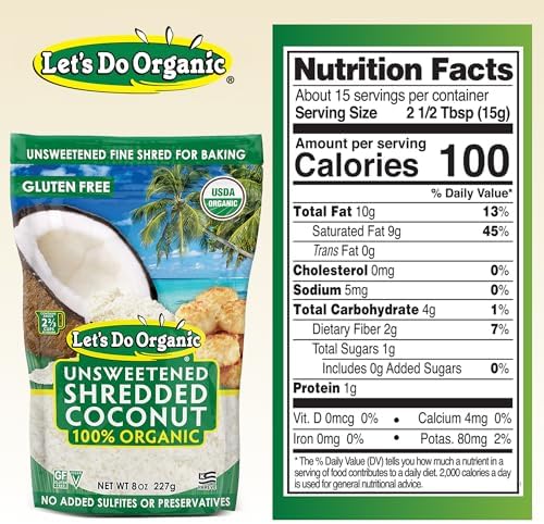 Let's Do Organic Unsweetened Shredded Coconut - Coconut Shreds, Great for Baking, Versatile Ingredient, No Sweeteners, USDA Organic - 8 Oz (12 Pack)