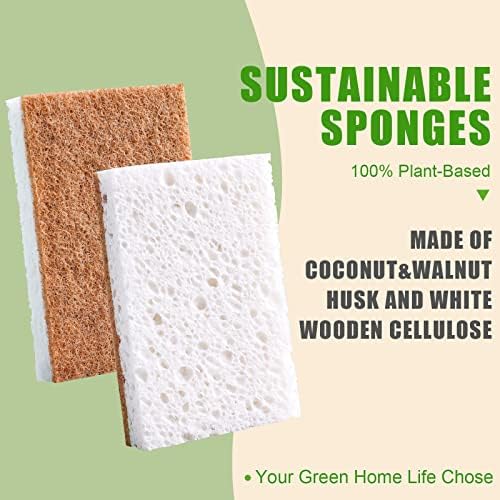 PANYEE Biodegradable Natural Kitchen Sponge，Eco Friendly Sponges for Dishes,Compostable Cellulose Sponge with Natural Plant Based Coconut Walnut Sustainable Scrubber Pack of 12
