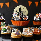 72PCS Edible Halloween Cupcake Toppers Wafer Paper Pumpkin Skull Ghost Cake Decorations Trick or Treat Cupcake Picks for Halloween Theme Party Birthday Decor Supplies