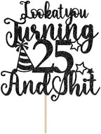 Happy 25th Birthday Cake Topper, 25th Birthday Cake Decor, Cheers to 25 Years, Hello 25, Funny 25th Birthday Party Decorations, Black Glitter