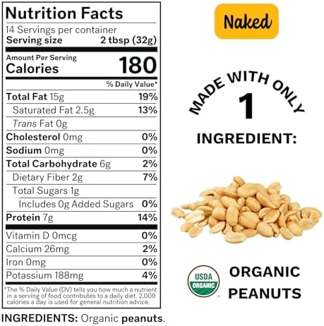 Spread The Love NAKED Organic Peanut Butter, 16 Ounce (Organic, All Natural, Vegan, Gluten-free, Creamy, Dry-Roasted, No added salt, No added sugar, No palm oil) (1-Pack)