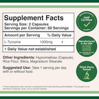 L-Tyrosine 1,000mg per Serving, 120 Veggie Capsules (L Tyrosine Supplement for Memory, Attention, and Focus) Amino Acid, Vegan Safe, Non-GMO by Double Wood