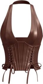 WDIRARA Women's Pu Leather Sleeveless Halter Tops Lace Up Backless Crop Corset Top Sexy Clubwear
