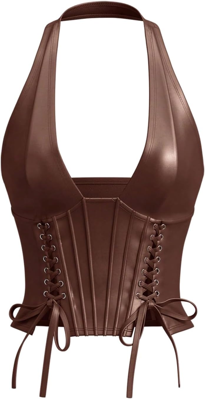 WDIRARA Women's Pu Leather Sleeveless Halter Tops Lace Up Backless Crop Corset Top Sexy Clubwear