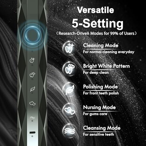 Diamond Style - Sonic Electric Toothbrush for Adults and Kids, Comes with 10 Brush Heads & Travel Case, 5 Modes with 2 Minutes Built in Smart Timer, One Charge for 90 Days, 42,000 VPM Motor (Black)