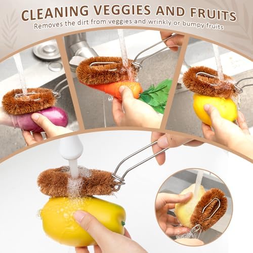 Sawysine Tawashi 100% Natural Coconut Coir Fiber Brush with Handle, 4 Vegetable Scrub Brush Heads Ideal for Fruit Veggie Scrub Wash, Kitchen Cleaning Needs, Pan Pot Glassware Cookware, Japanese Design