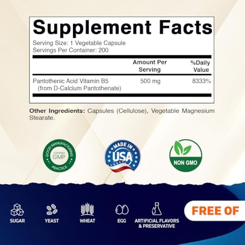 Vitamatic Pantothenic Acid (Vitamin B5) 500 mg- 200 Capsules - 2 Pack