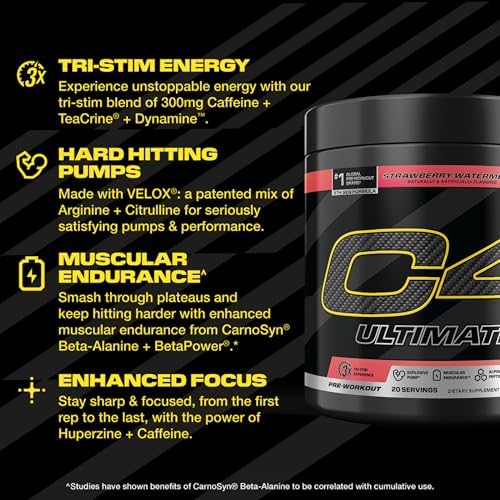 C4 Ultimate Pre Workout Powder Watermelon - Sugar Free Preworkout Energy Supplement for Men & Women - 300mg Caffeine + 3.2g Beta Alanine + 2 Patented Creatines - 20 Servings