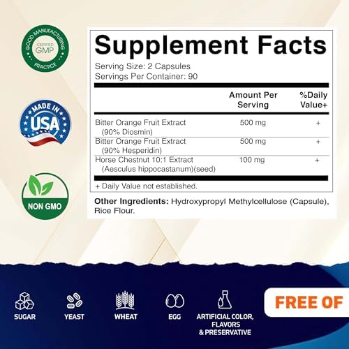 Vitamatic Diosmin Hesperidin 1000mg with Horse Chestnut Extract 100 mg – 180 Capsules – Citrus Bioflavonoids Complex – Non-GMO – Made in USA