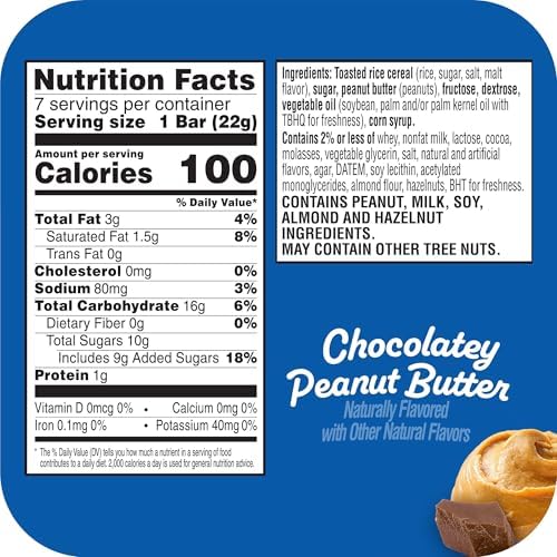 Rice Krispies Treats Crispy Rice Squares, Kids Snacks, Snack Bars, Chocolatey Peanut Butter, 5.4oz Box (7 Bars)