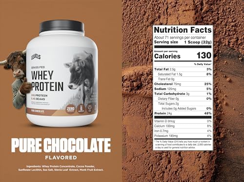 Levels Grass Fed Whey Protein Powder, No Artificials, 24G of Protein, Pure Chocolate, 5LB